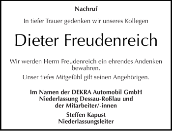 Traueranzeige von Dieter Freudenreich von Mitteldeutsche Zeitung Dessau-Roßlau