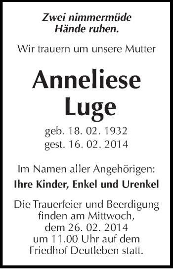 Traueranzeige von Anneliese Luge von Mitteldeutsche Zeitung Halle/Saalkreis