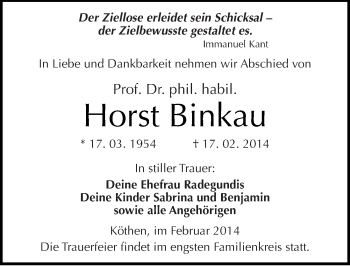 Traueranzeige von Horst Binkau von Mitteldeutsche Zeitung Köthen