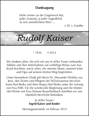 Traueranzeige von Rudolf Kaiser von Mitteldeutsche Zeitung Naumburg/Nebra