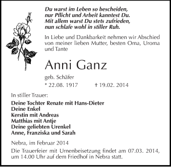 Traueranzeige von Anni Ganz von Mitteldeutsche Zeitung Naumburg/Nebra