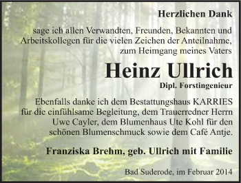 Traueranzeige von Heinz Ullrich von Mitteldeutsche Zeitung Quedlinburg