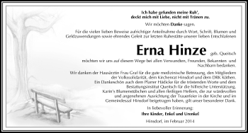 Traueranzeige von Erna Hinze von Mitteldeutsche Zeitung Köthen