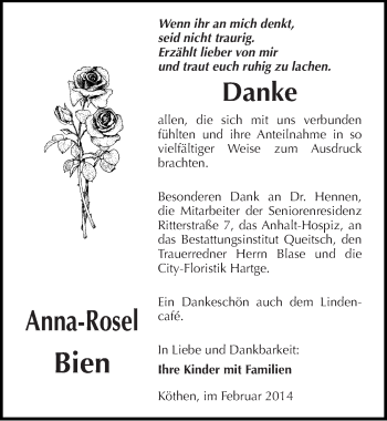 Traueranzeige von Anna-Rosel Bien von Mitteldeutsche Zeitung Köthen