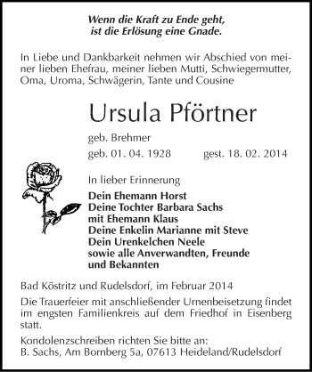 Traueranzeige von Ursula Pförtner von Mitteldeutsche Zeitung Halle/Saalkreis