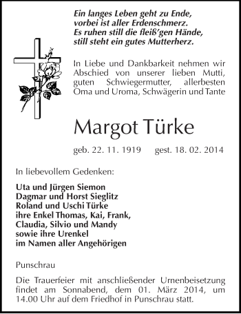 Traueranzeige von Margot Türke von Mitteldeutsche Zeitung Naumburg/Nebra