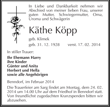 Traueranzeige von Käthe Köpp von Mitteldeutsche Zeitung Mansfelder Land