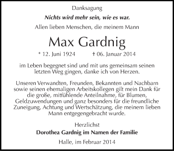 Traueranzeige von Max Gardnig von Mitteldeutsche Zeitung Halle/Saalkreis
