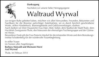 Traueranzeige von Waltraud Wyrwal von Mitteldeutsche Zeitung Quedlinburg