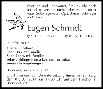 Traueranzeige von Eugen Schmidt von Mitteldeutsche Zeitung Mansfelder Land