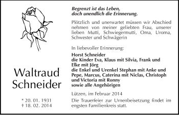 Traueranzeige von Waltraud Schneider von Mitteldeutsche Zeitung Weißenfels
