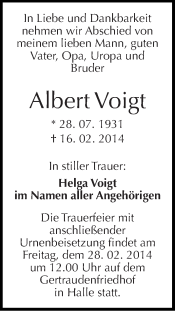Traueranzeige von Albert Voigt von Mitteldeutsche Zeitung Halle/Saalkreis