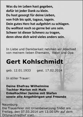 Traueranzeige von Gert Kohlschmidt von Mitteldeutsche Zeitung Naumburg/Nebra