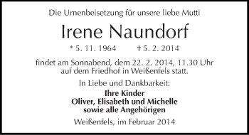 Traueranzeige von Irene Naundorf von Mitteldeutsche Zeitung Weißenfels