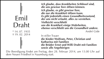 Traueranzeige von Emil Draht von Mitteldeutsche Zeitung Naumburg/Nebra