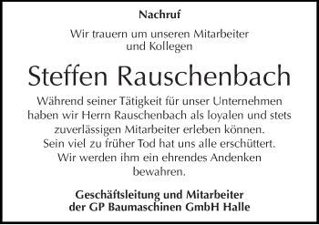 Traueranzeige von Steffen und Lisa Rauschenbach von Mitteldeutsche Zeitung Merseburg/Querfurt
