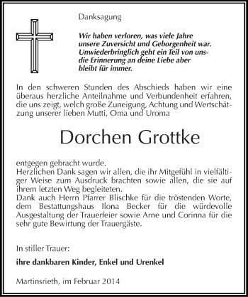Traueranzeige von Dorchen Grottke von Mitteldeutsche Zeitung Sangerhausen