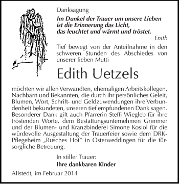 Traueranzeige von Edith Uetzels von Mitteldeutsche Zeitung Sangerhausen