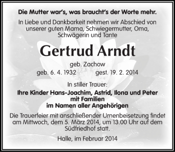 Traueranzeige von Gertrud Arndt von Mitteldeutsche Zeitung Halle/Saalkreis