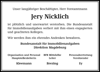Traueranzeige von Jery Nicklich von Mitteldeutsche Zeitung Bitterfeld