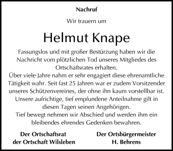 Traueranzeige von Helmut Knape von Mitteldeutsche Zeitung Aschersleben