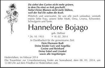 Traueranzeige von Hannelore Bojago von Mitteldeutsche Zeitung Mansfelder Land