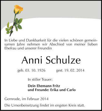 Traueranzeige von Anni Schulze von Mitteldeutsche Zeitung Quedlinburg