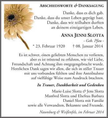 Traueranzeige von Anna Jenni Slotta von Mitteldeutsche Zeitung