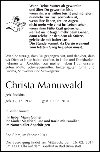 Traueranzeige von Christa Manuwald von Mitteldeutsche Zeitung Naumburg/Nebra