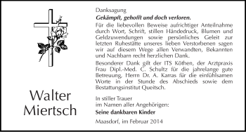 Traueranzeige von Walter Miertsch von Mitteldeutsche Zeitung Köthen