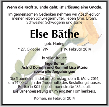 Traueranzeige von Elsa Bäthe von Mitteldeutsche Zeitung Köthen