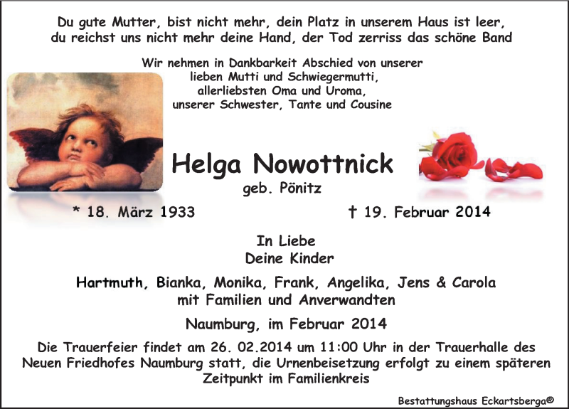  Traueranzeige für Helga Nowottnick vom 22.02.2014 aus Mitteldeutsche Zeitung Naumburg/Nebra