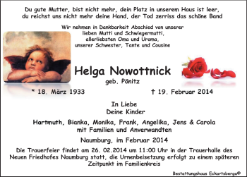 Traueranzeige von Helga Nowottnick von Mitteldeutsche Zeitung Naumburg/Nebra
