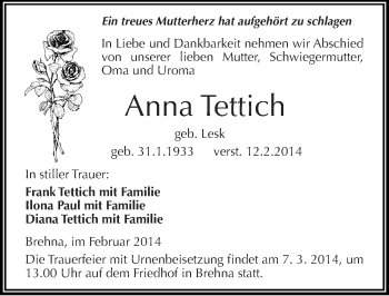 Traueranzeige von Anna Tettich von Mitteldeutsche Zeitung Bitterfeld