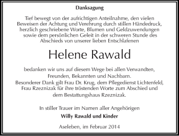 Traueranzeige von Helene Rawald von Mitteldeutsche Zeitung Mansfelder Land