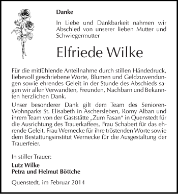 Traueranzeige von Elfriede Wilke von Mitteldeutsche Zeitung Mansfelder Land