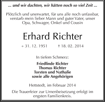Traueranzeige von Erhard Richter von Mitteldeutsche Zeitung Mansfelder Land