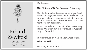 Traueranzeige von Erhard Zywitzki von Mitteldeutsche Zeitung Mansfelder Land