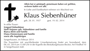 Traueranzeige von Klaus Siebenhüner von Mitteldeutsche Zeitung Sangerhausen