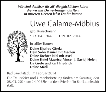 Traueranzeige von Uwe Calame-Möbius von Mitteldeutsche Zeitung