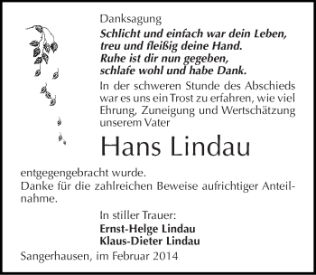 Traueranzeige von Hans Lindau von Mitteldeutsche Zeitung Sangerhausen