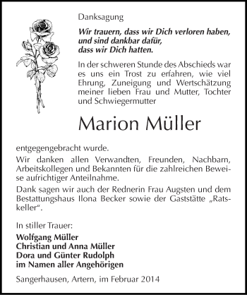 Traueranzeige von Marion Müller von Mitteldeutsche Zeitung Sangerhausen