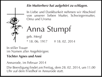 Traueranzeige von Anna Stumpf von Mitteldeutsche Zeitung Mansfelder Land