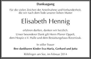 Traueranzeige von Elisabeth Hennig von Mitteldeutsche Zeitung Mansfelder Land