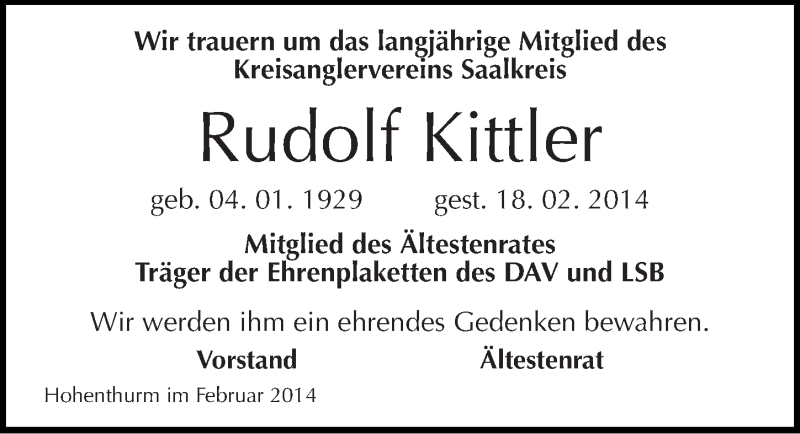  Traueranzeige für Rudolf Kittler vom 22.02.2014 aus Mitteldeutsche Zeitung Halle/Saalkreis