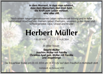 Traueranzeige von Herbert Müller von Mitteldeutsche Zeitung Sangerhausen