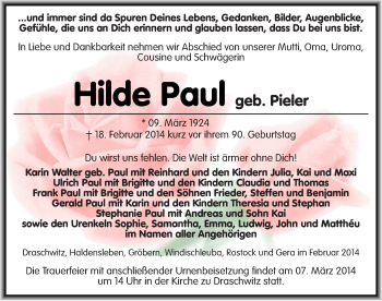 Traueranzeige von Hilde Paul von Mitteldeutsche Zeitung Zeitz