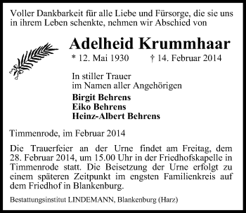 Traueranzeige von Adelheid Krummhaar von Mitteldeutsche Zeitung Quedlinburg