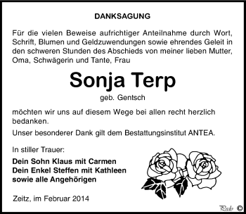 Traueranzeige von Sonja Terp von Mitteldeutsche Zeitung Zeitz