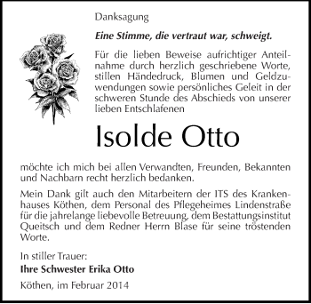 Traueranzeige von Isolde Otto von Mitteldeutsche Zeitung Köthen